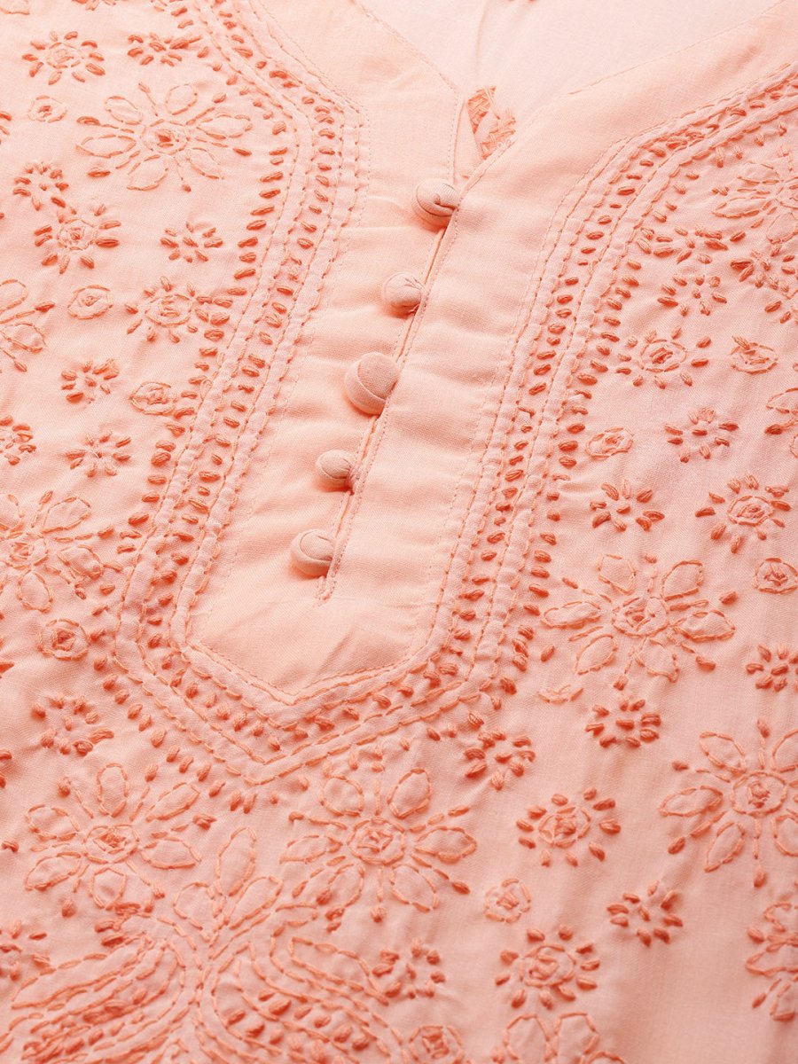 ADA Women Peach-Coloured & White Chikankari Embroidered Handloom Kurta with Cotton Trousers | Swadesiicart