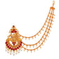 Aadita Red Gold-Toned & White Pearls Studded Contemporary Drop Earrings With Hair Chain | Swadesiicart
