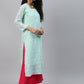 ADA Women Sea Green Chikankari Hand Embroidered Straight Kota Handloom Kurta With Matching Slip | Swadesiicart