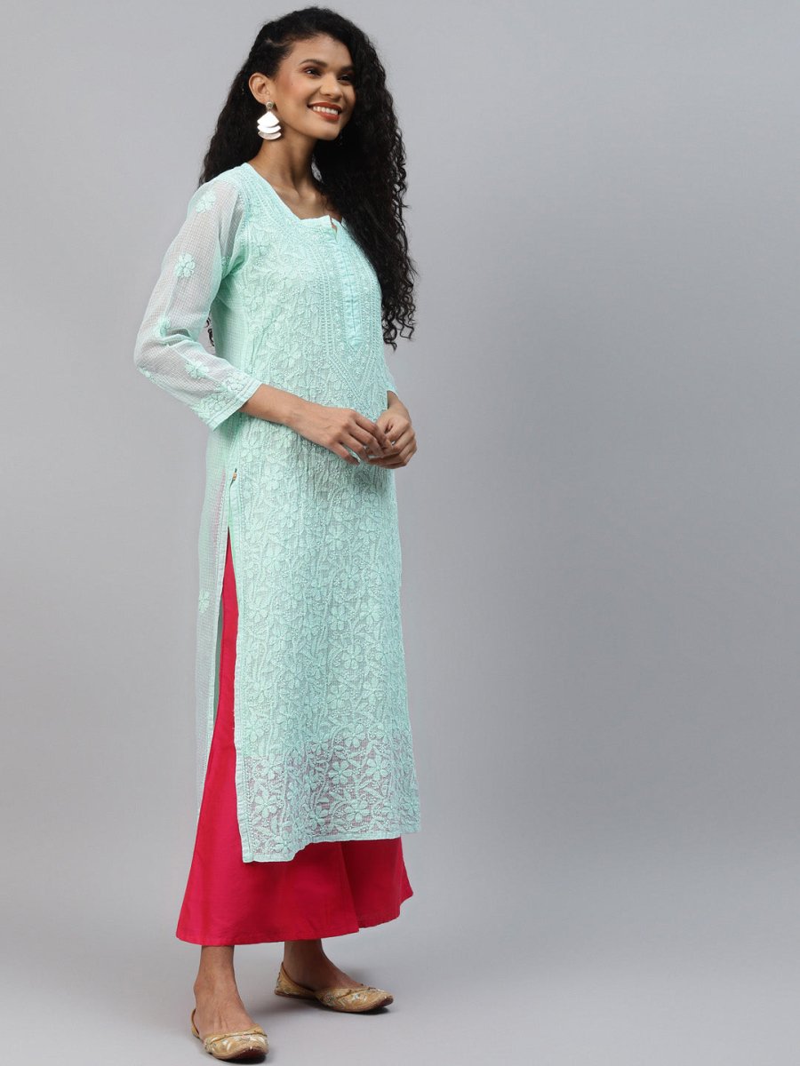 ADA Women Sea Green Chikankari Hand Embroidered Straight Kota Handloom Kurta With Matching Slip | Swadesiicart