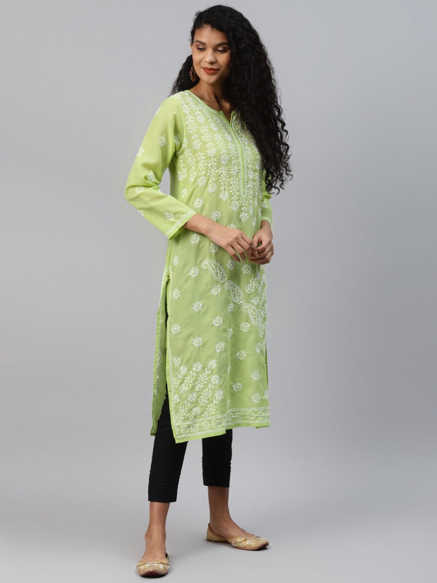 ADA Women Green & White Ethnic Motifs Chikankari Hand Embroidered Sustainable Kurta | Swadesiicart