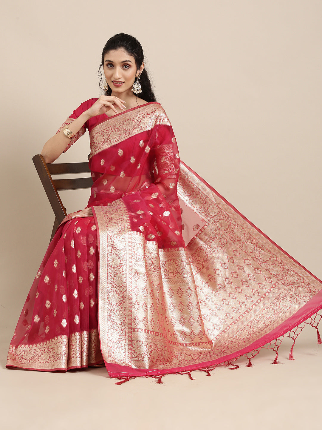 Saree Mall Red Ethnic Motifs Zari Organza Banarasi Saree | Swadesiicart
