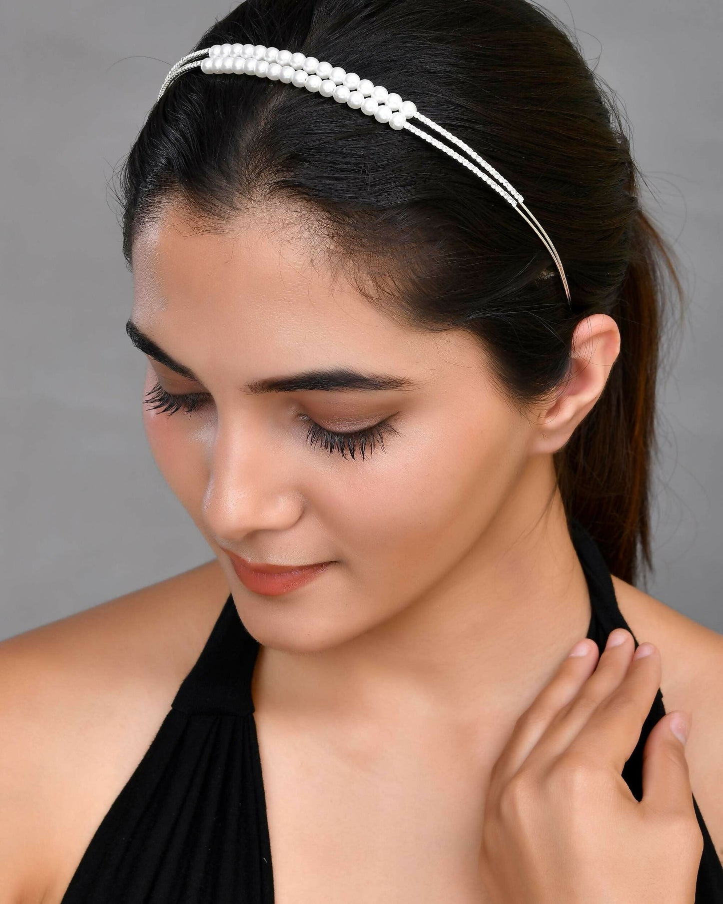 VOJ Silver Plated Pearl Studded Double Layer Hairband | Swadesiicart