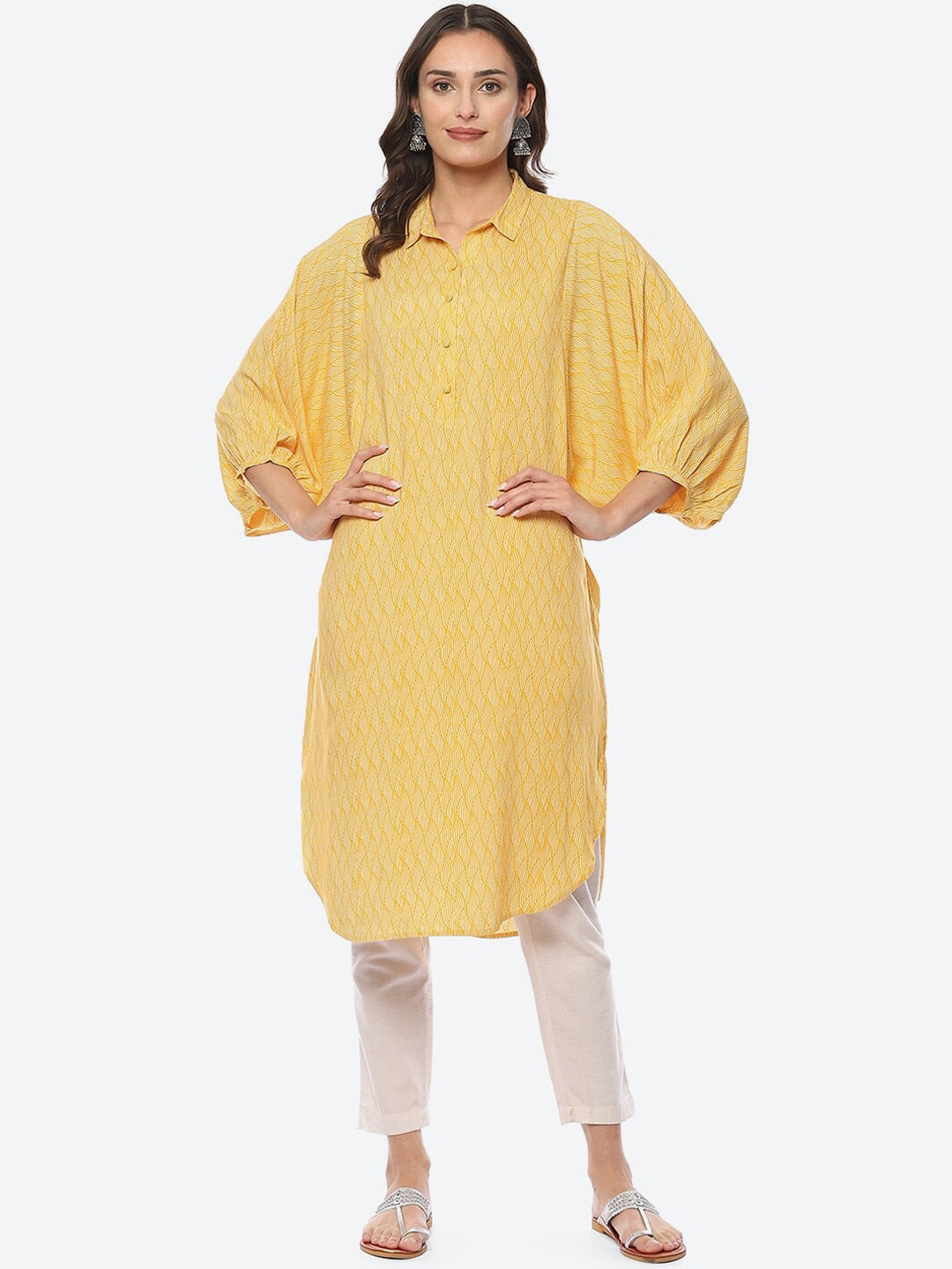 Biba Abstract Printed Batwing Sleeves Shirt Collar Kurta - Swadesiicart