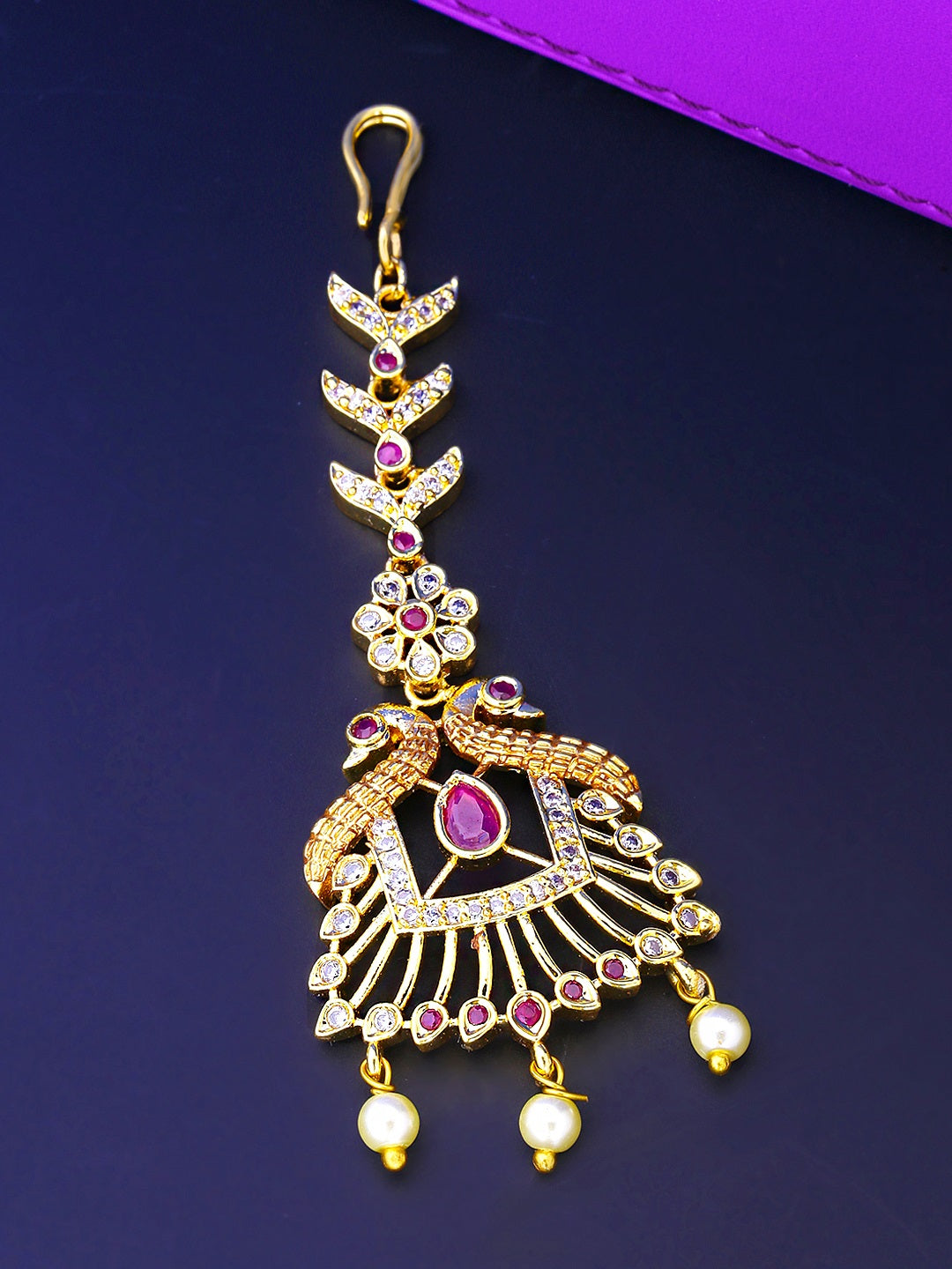 Yellow Chimes Women Gold -Toned Pink & White American Diamond Studded Handcrafted Maang Tikka | Swadesiicart