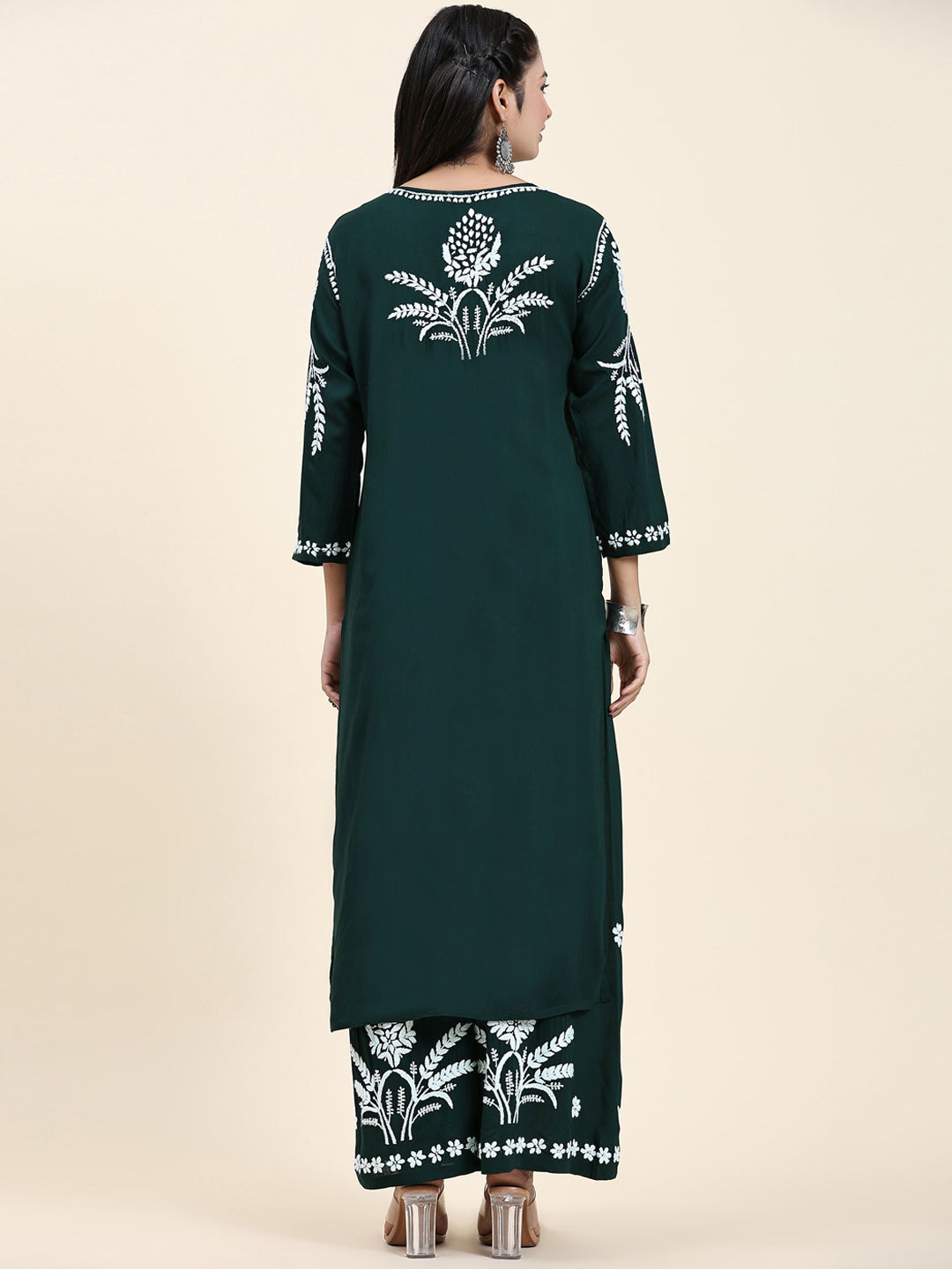 HOUSE OF KARI Floral Embroidered Chikankari Pure Cotton Straight Kurta With Palazzo | Swadesiicart