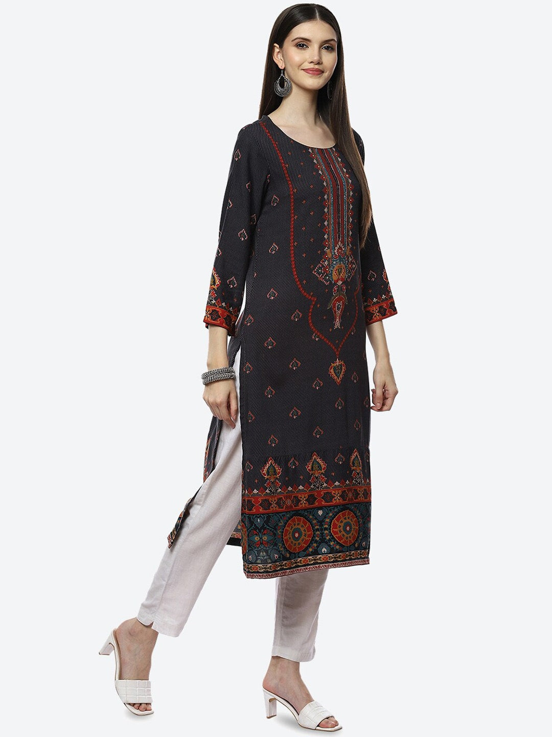 Biba Women Black Ethnic Motifs Printed Kurta - Swadesiicart