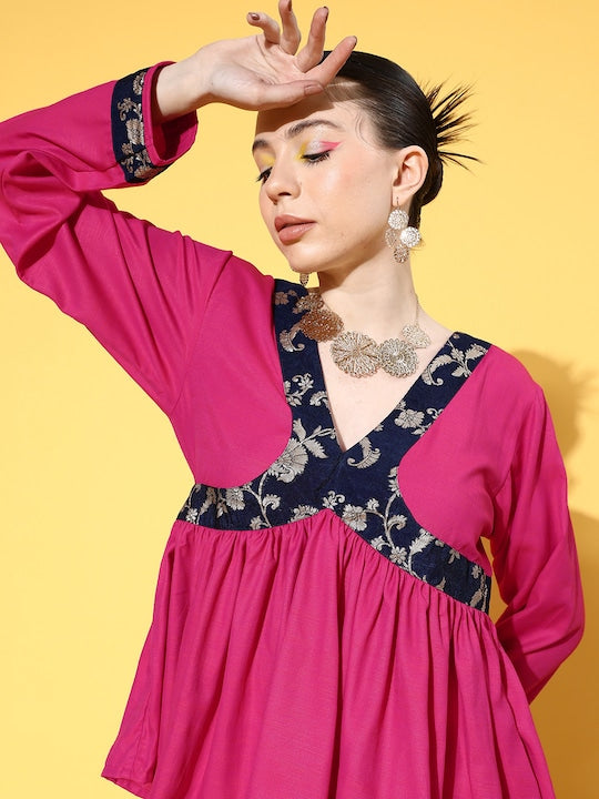 InWeave Women's Fuchsia Blue Brocade Mughal Shaan Kurta Palazzo Set - Swadesiicart
