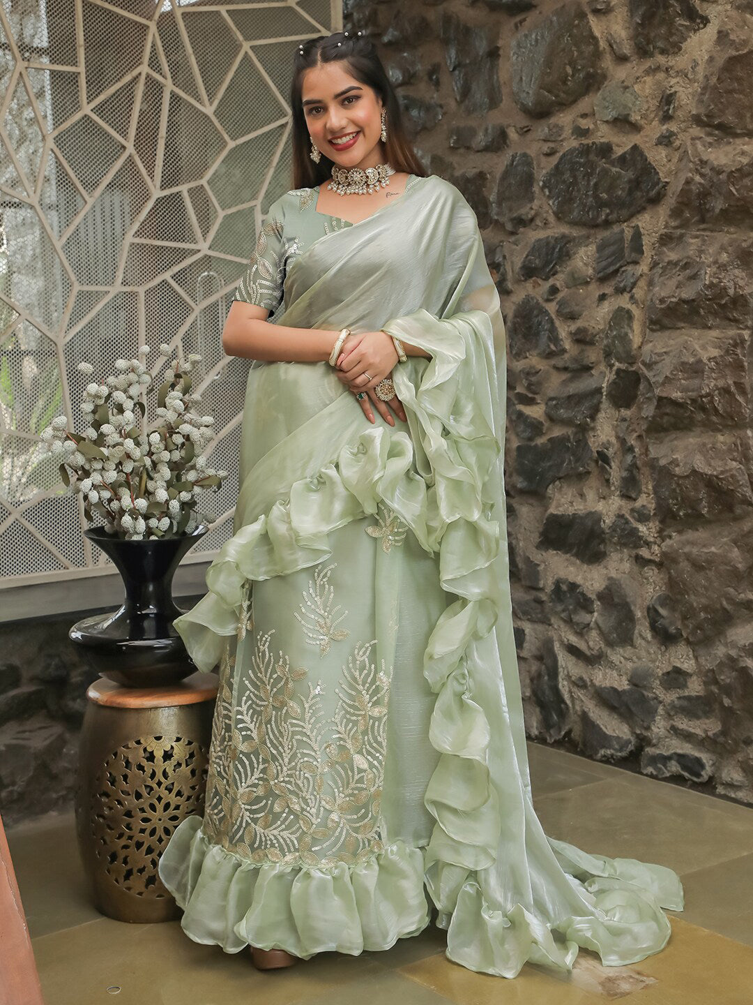 Tikhi Imli Embellished Sequinned Ruffled Ready to Wear Satin Saree | Swadesiicart