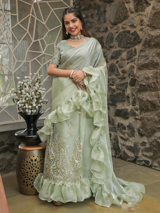 Tikhi Imli Embellished Sequinned Ruffled Ready to Wear Satin Saree | Swadesiicart