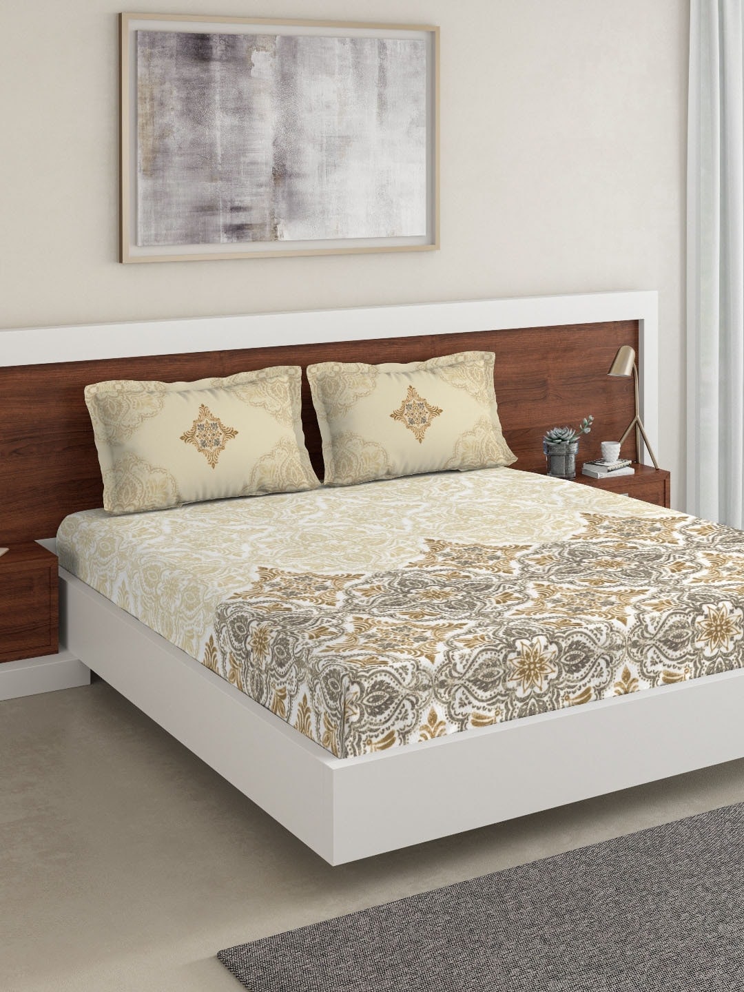 DDecor Beige & Grey Ethnic Motifs 180 TC Cotton 1 King Bedsheet with 2 Pillow Covers - Swadesiicart