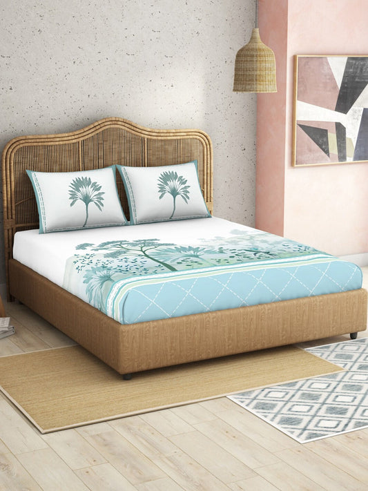 SPACES Kalakari Haath Teal Green Print Pure Cotton 210 TC King Bedsheet & 2 Pillow Covers - Swadesiicart
