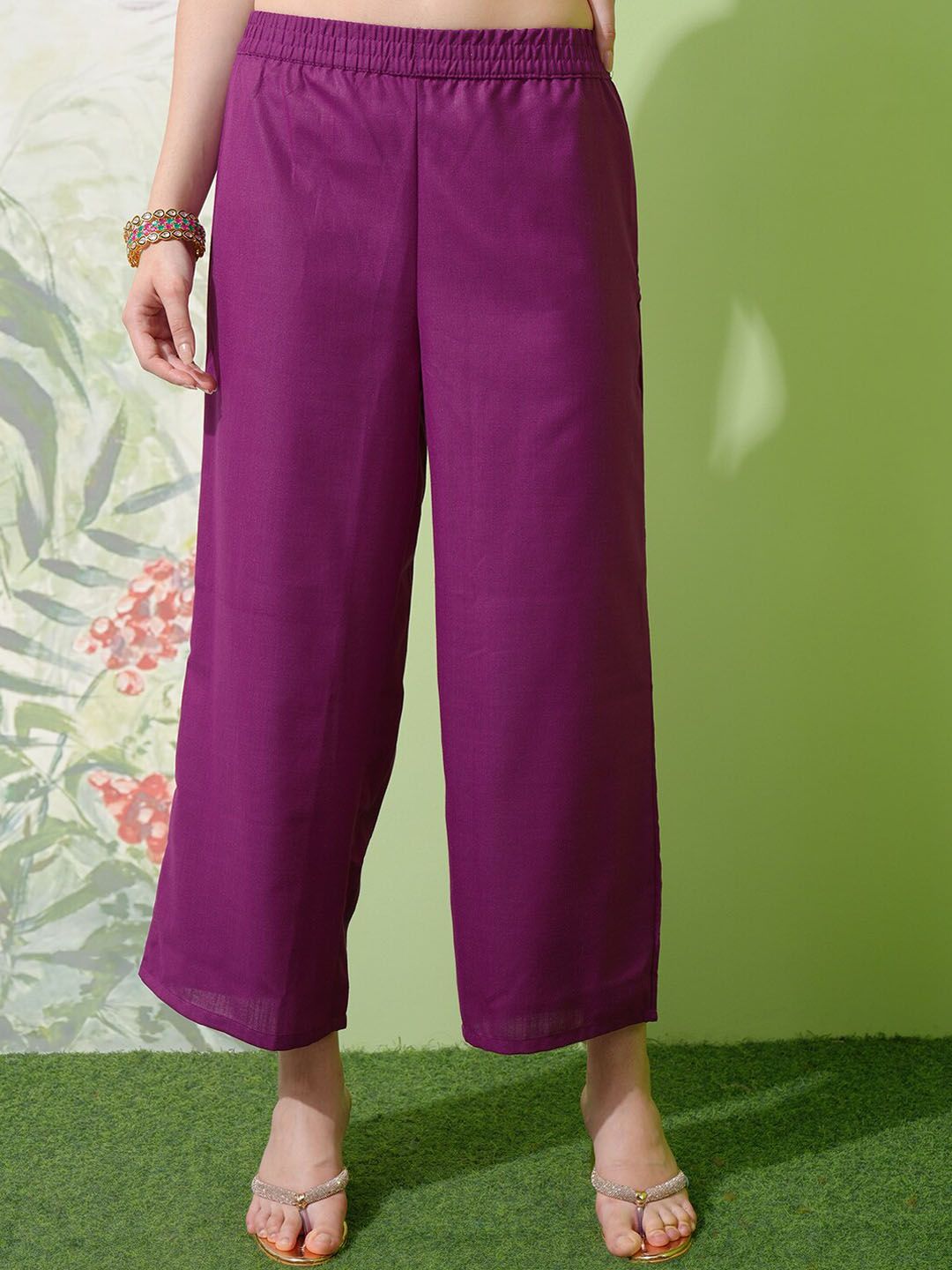 Vishudh Purple Yoke Design Thread Work Straight Kurta With Palazzos & Dupatta - Swadesiicart