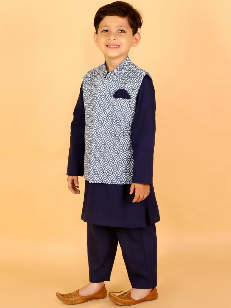 Lil Drama Boys Kurta pyjama with jacket set - Navy Blue | Swadesiicart