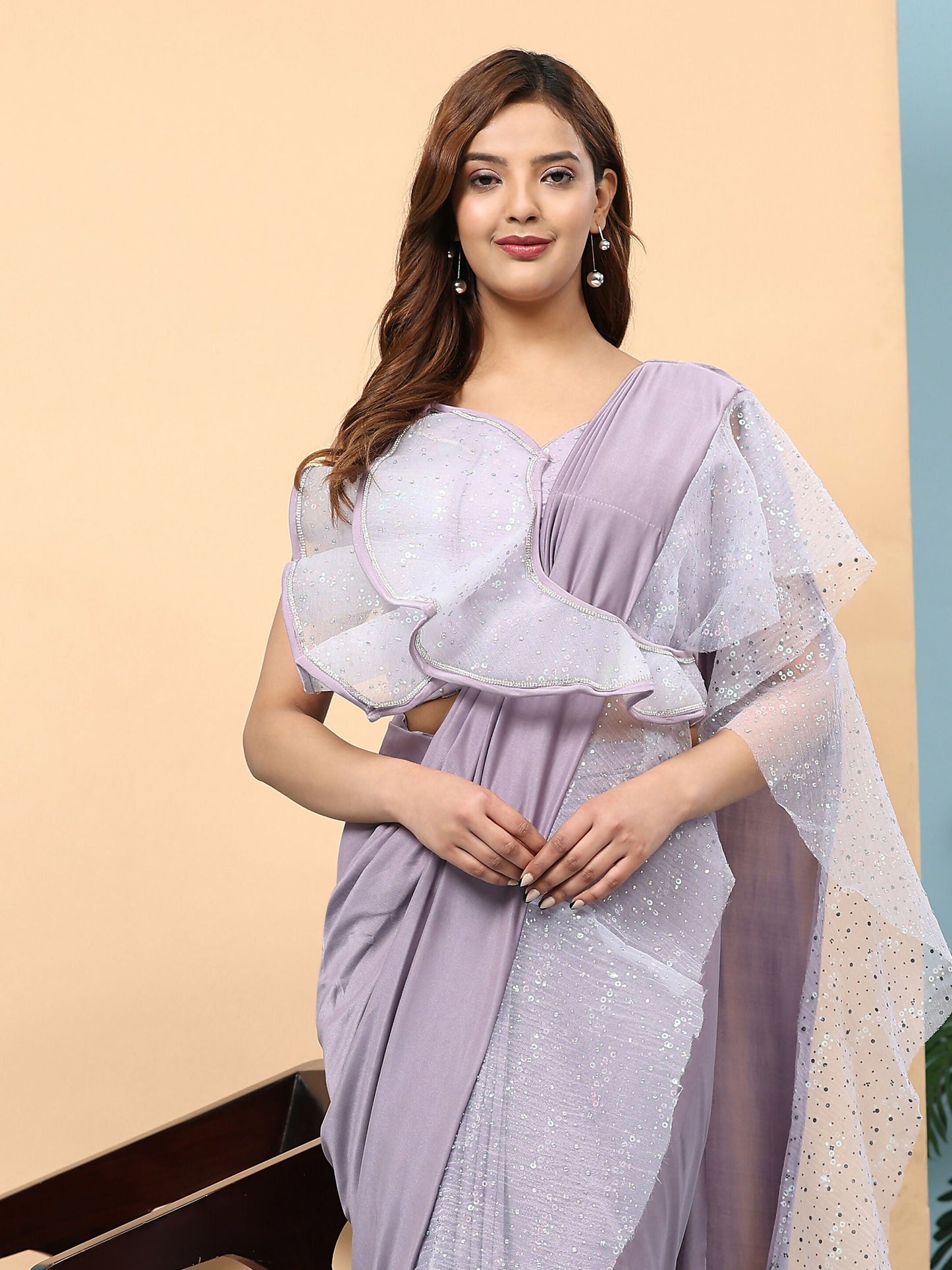 Light Purple Lycra Solid Ready to Wear Saree with stitched Blouse - Nita | Swadesiicart