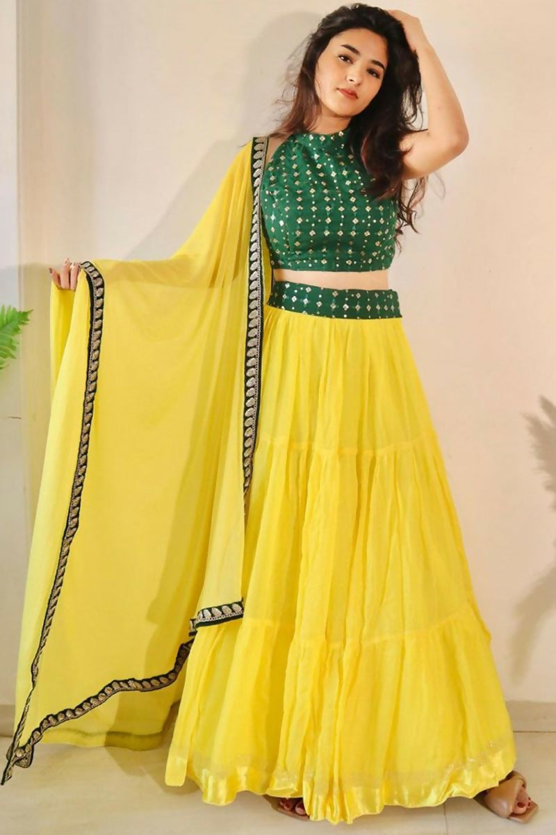 Jyoti Fashion Yellow Three Lair Frill Georgette Lehenga Choli with Dupatta | Swadesiicart