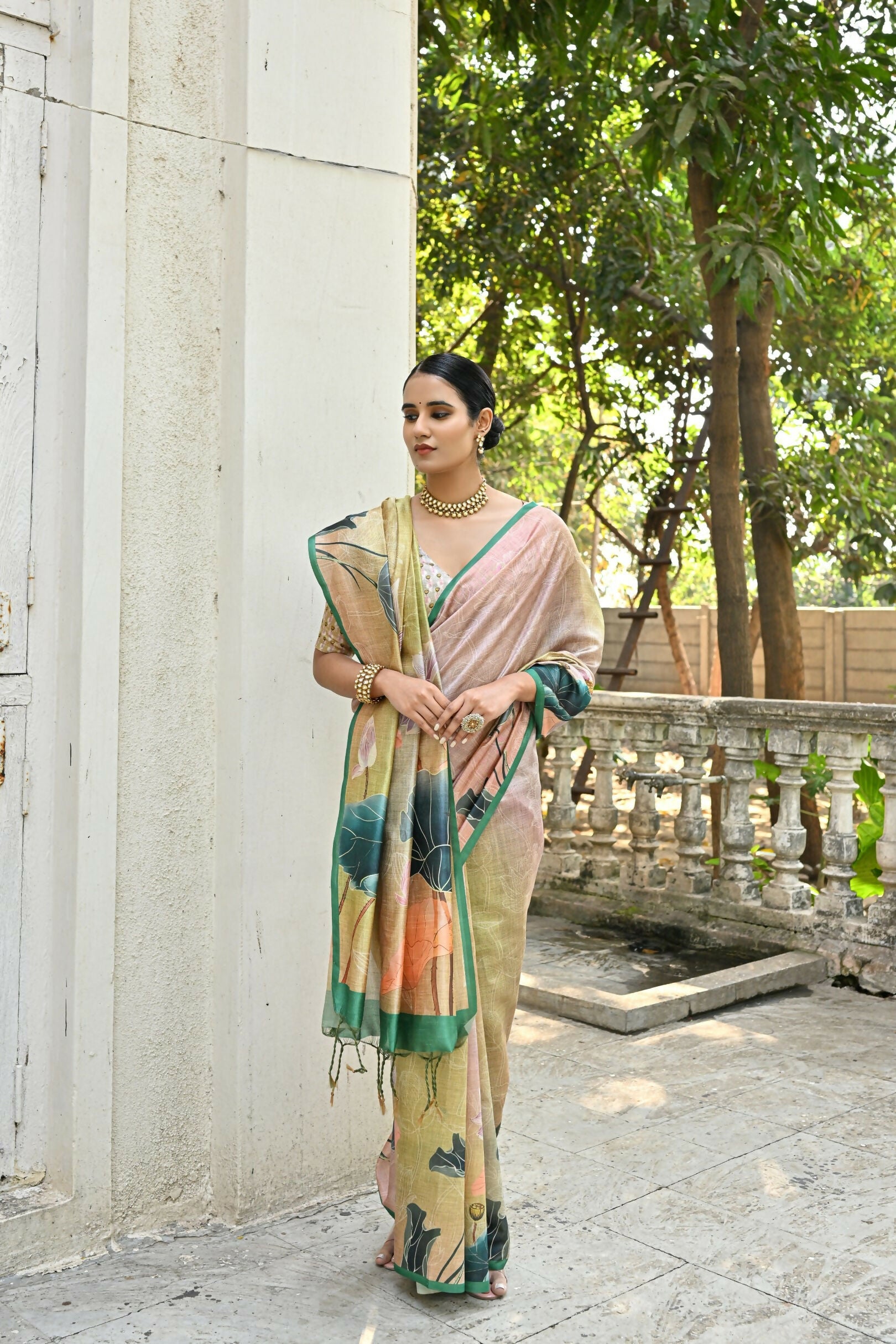 Vishnu Weaves Women's Mahendi Cotton Silk Saree with Blouse - Swadesiicart