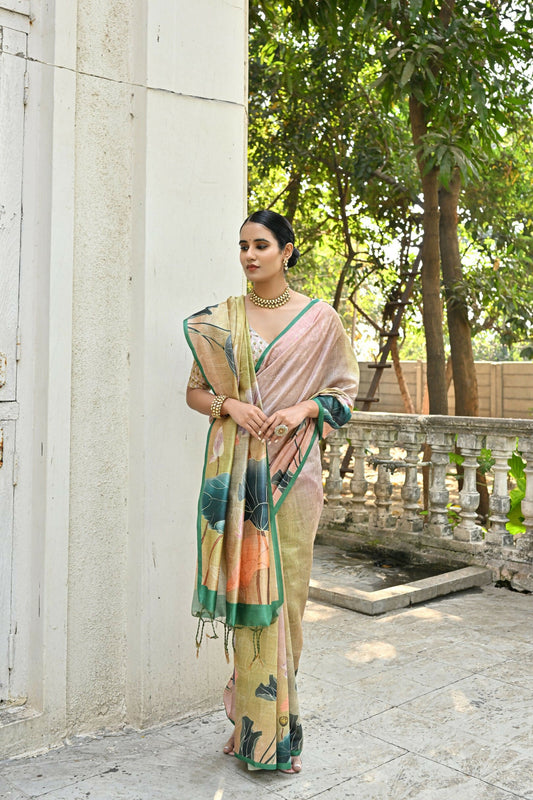 Vishnu Weaves Women's Mahendi Cotton Silk Saree with Blouse - Swadesiicart