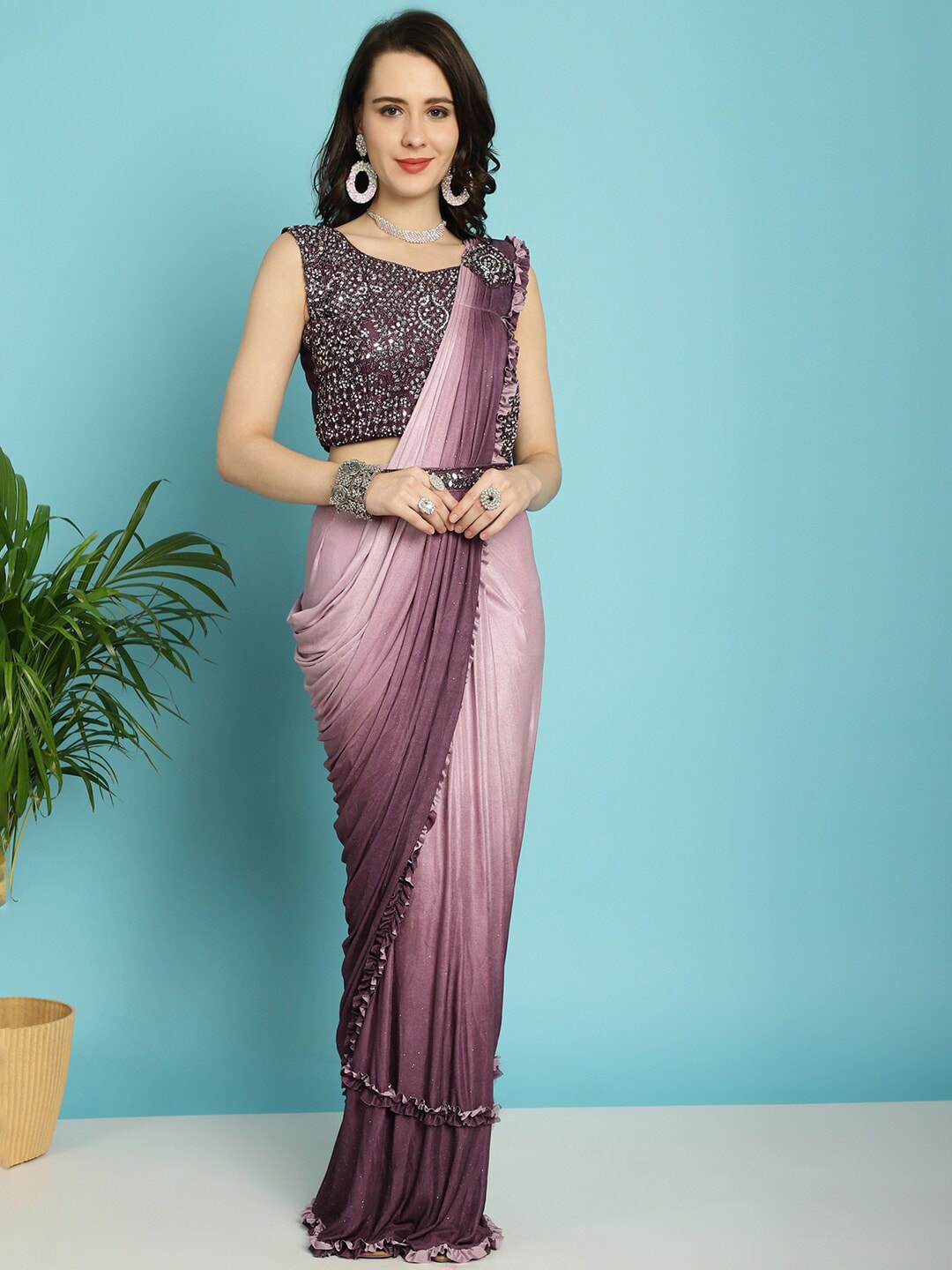 Mitera Maroon Ombre Dyed Ready to Wear Saree | Swadesiicart