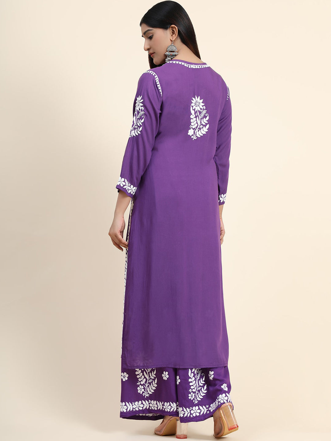 HOUSE OF KARI Women Purple Floral Embroidered Chikankari Pure Cotton Kurta with Palazzos | Swadesiicart