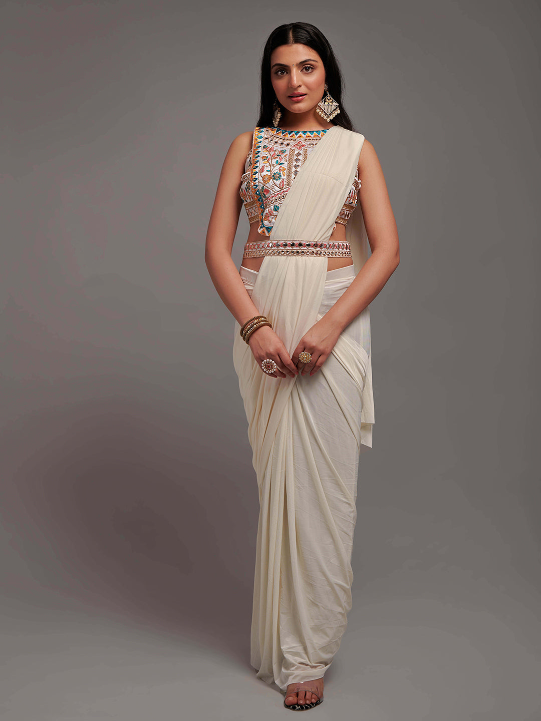 Kalini Embroidered Ready to Wear Saree With Semi Stitched Blouse | Swadesiicart