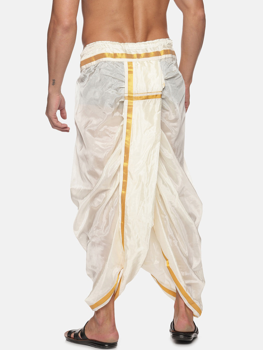 Sethukrishna Men Cream-Coloured & Golden Solid Silk Dhoti | Swadesiicart