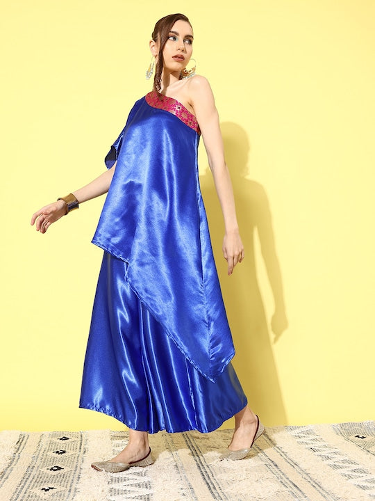 InWeave Women's Blue Pink Brocade Satin Oneshoulder Kurta Set - Swadesiicart