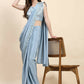 Blue Silk Satin Solid Ready to wear Saree with stitched Blouse - Satiksha | Swadesiicart