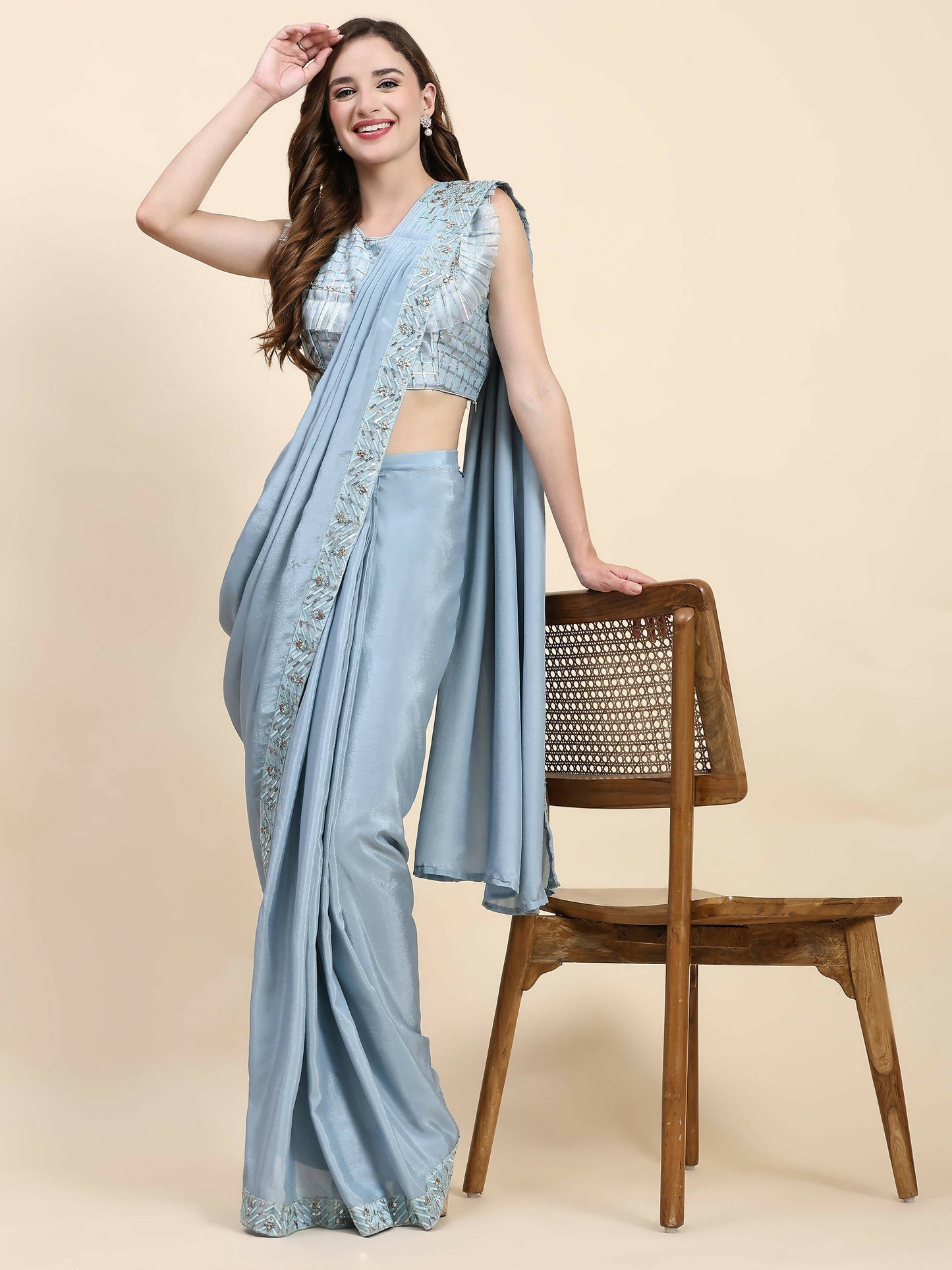 Blue Silk Satin Solid Ready to wear Saree with stitched Blouse - Satiksha | Swadesiicart