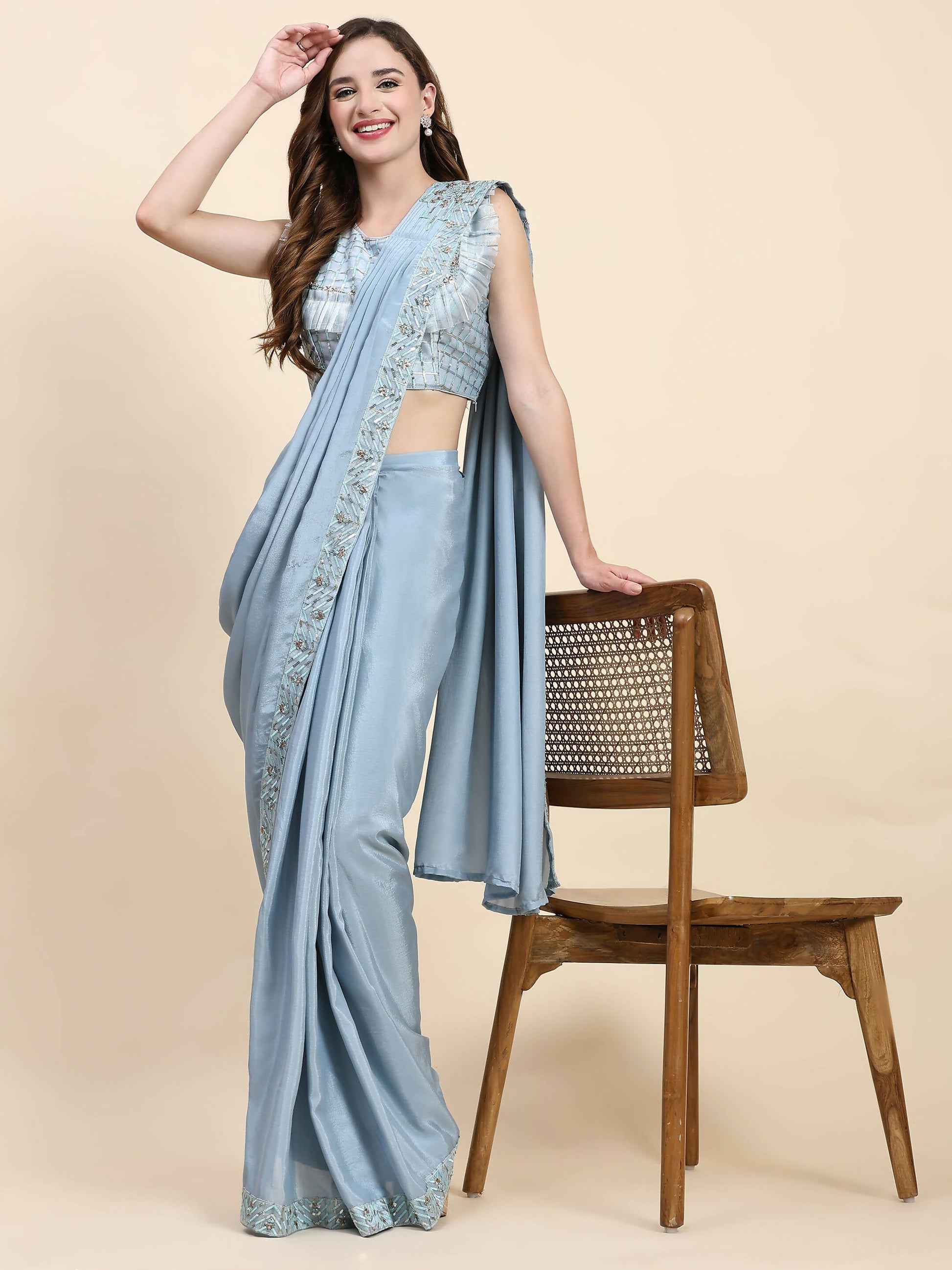 Blue Silk Satin Solid Ready to wear Saree with stitched Blouse - Satiksha | Swadesiicart