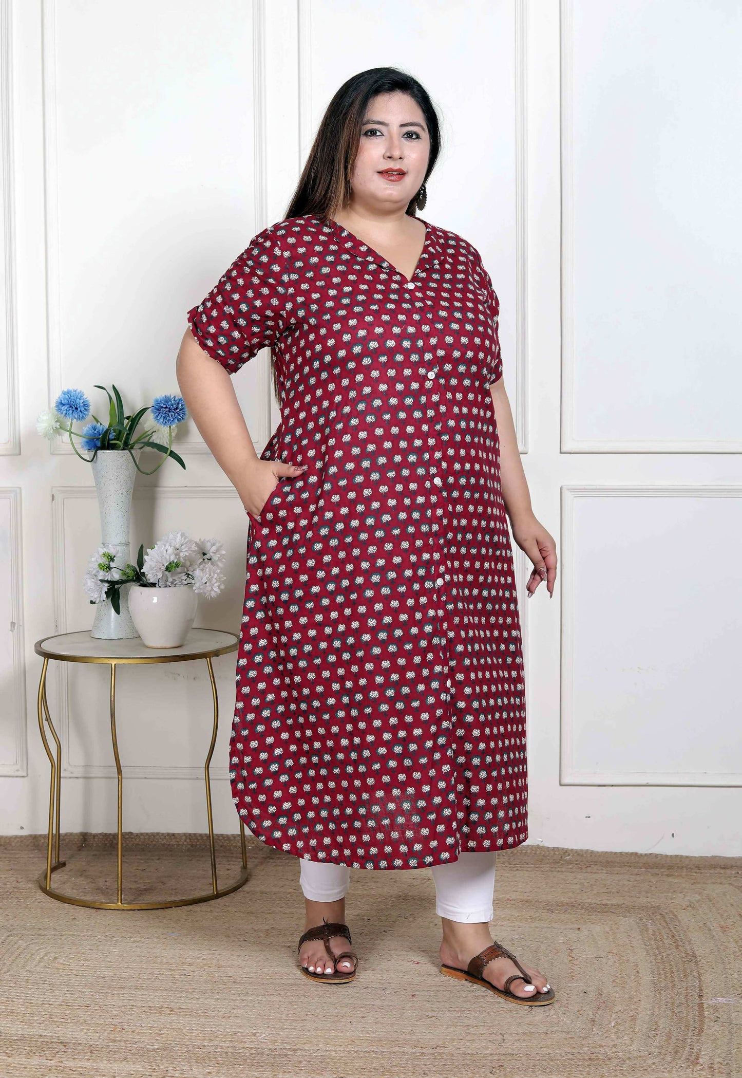 Miravan Women's Plus Size Relaxed Fit Red Floral Printed A-Line Pure Cotton Kurta - Swadesiicart