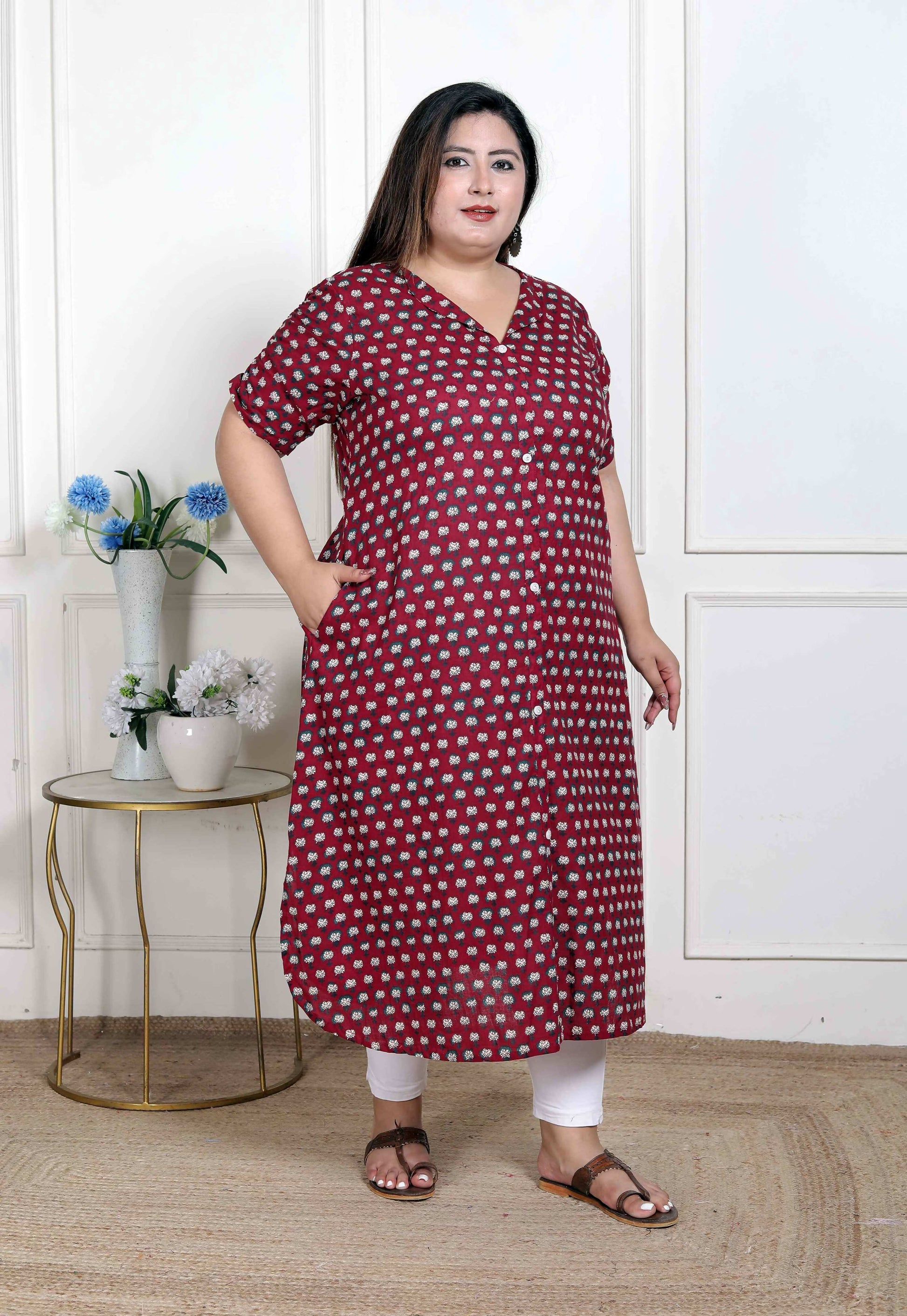 Miravan Women's Plus Size Relaxed Fit Red Floral Printed A-Line Pure Cotton Kurta - Swadesiicart