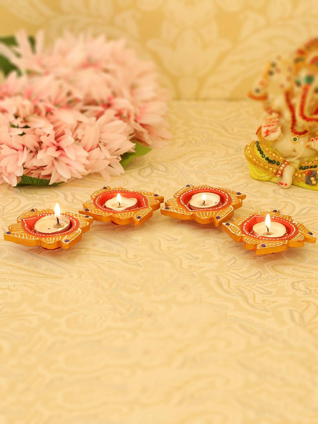Tied Ribbons Set Of 4 Yellow & Red Printed Terracotta Diyas | Swadesiicart