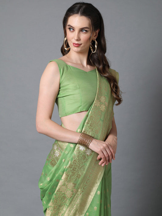 Mitera Green Silk Blend Ethnic Motifs Woven Designed Banarasi Saree | Swadesiicart