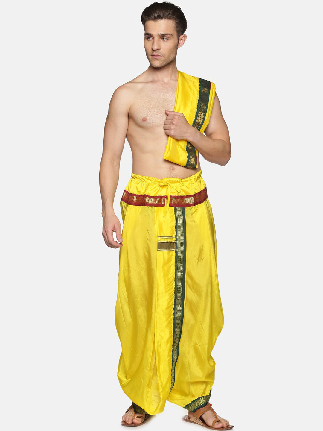 Sethukrishna Men Yellow Readymade Dhoti Pant & Angavastram | Swadesiicart