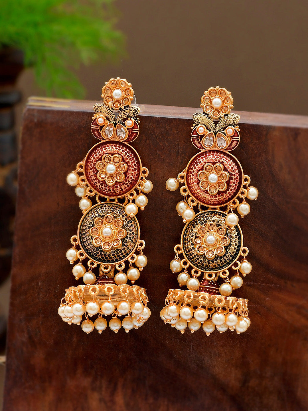 Shoshaa Maroon & Green Gold-Polished Contemporary Jhumkas Earrings | Swadesiicart