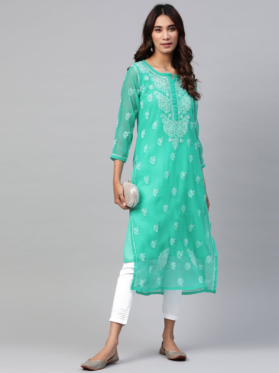 ADA Women Sea Green & White Chikankari Embroidered Kurta with Trousers | Swadesiicart
