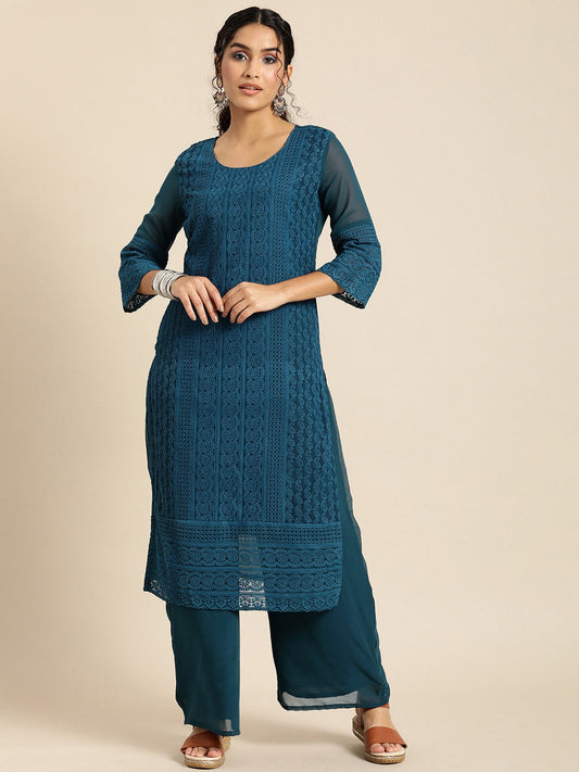 Sangria Women Teal Blue Ethnic Motifs Chikankari Kurta with Palazzos | Swadesiicart