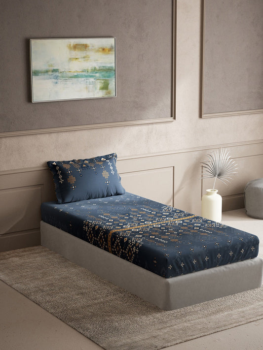 DDecor Blue & Brown Ethnic Motifs Cotton 150 TC Single Bedsheet with 1 Pillow Cover - Swadesiicart