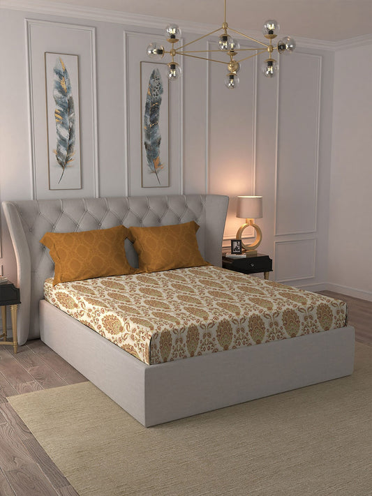 MYTRIDENT Celebration Cream-Coloured Ethnic Cotton 144 TC Queen Bedsheet & 2 Pillow Covers - Swadesiicart