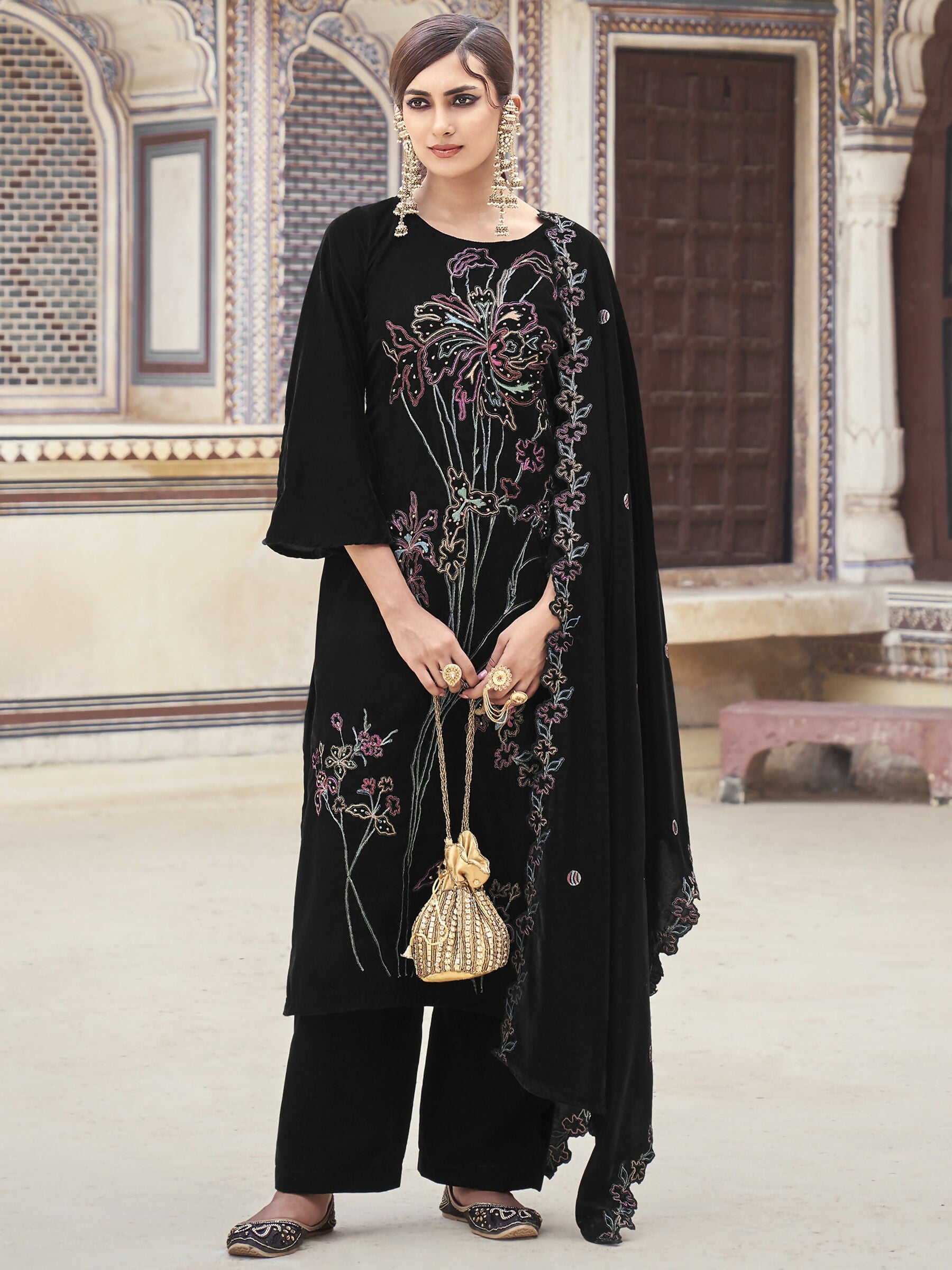 Jyoti Fashion Women's Black Velvet Resham Thread with Jari & Sequin Kurta with Trouser & Dupatta | Swadesiicart