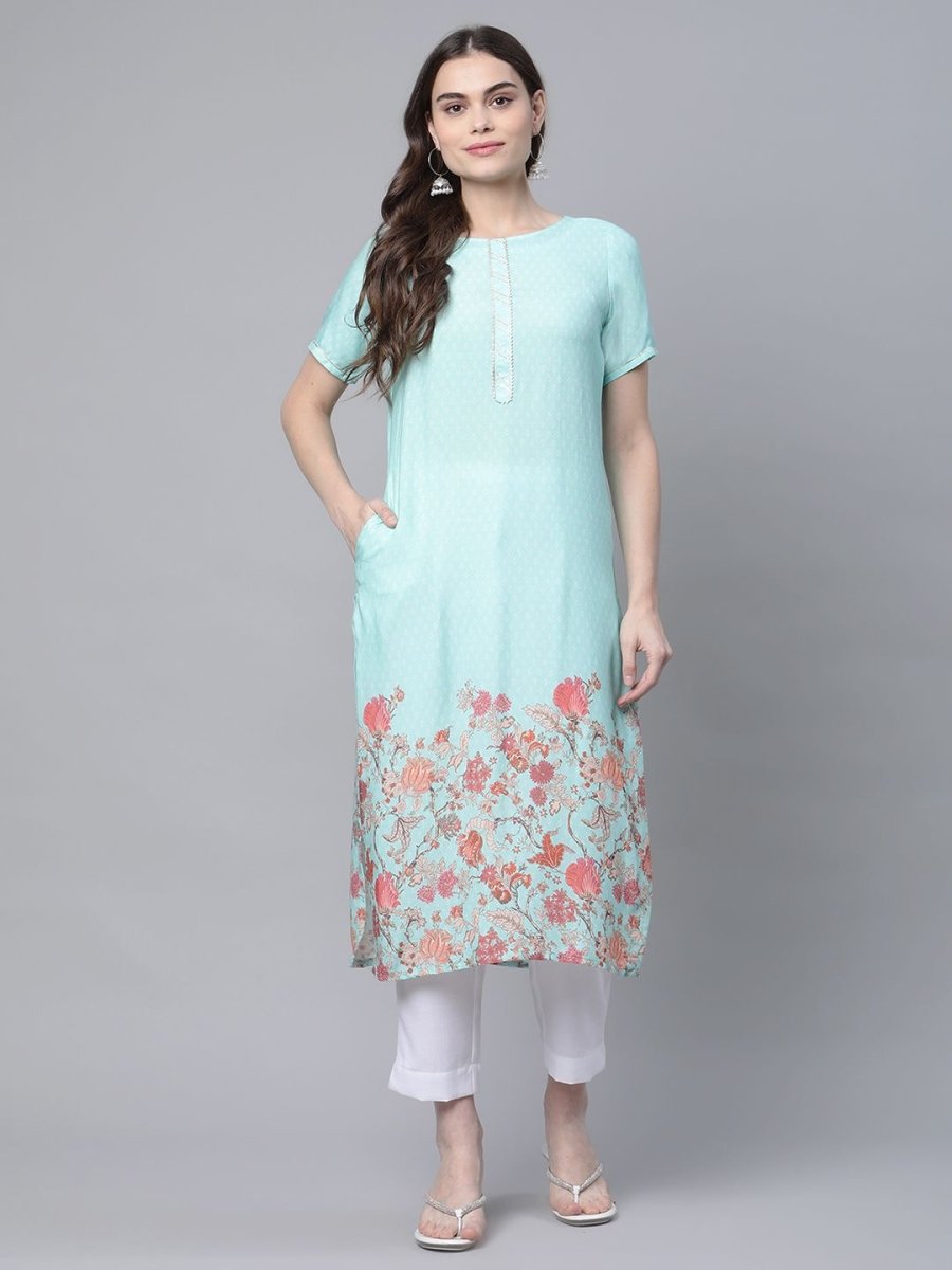 Ahalyaa Women Sky Blue Rayon Printed Kurta Pant Set | Swadesiicart
