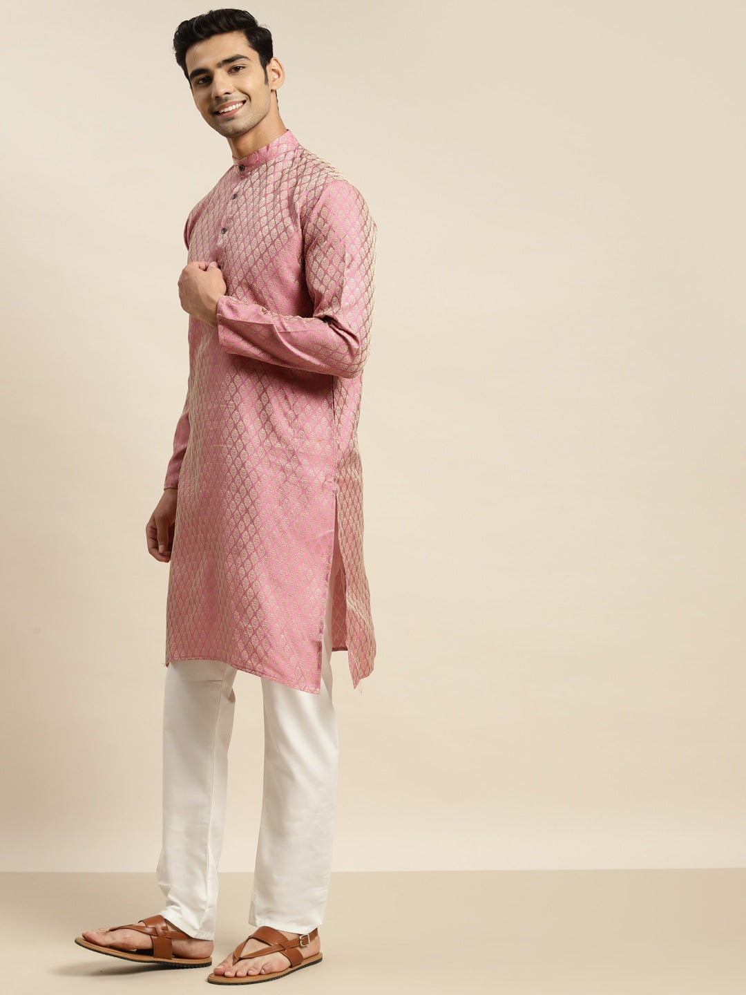 Sojanya Men Pink Ethnic Motifs Kurta with Churidar & Nehru Jacket | Swadesiicart