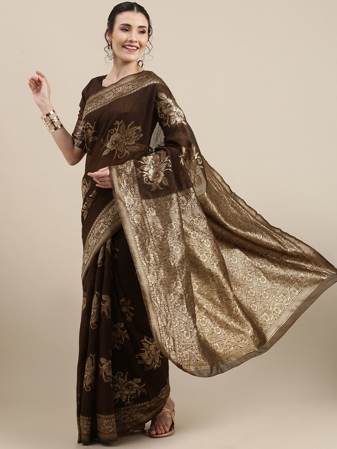 Saree Mall Brown Floral Linen Blend Banarasi Saree | Swadesiicart