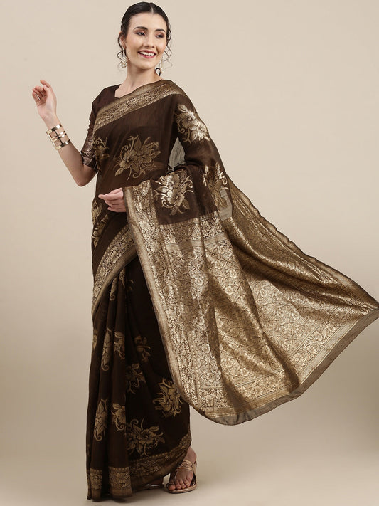 Saree Mall Brown Floral Linen Blend Banarasi Saree | Swadesiicart