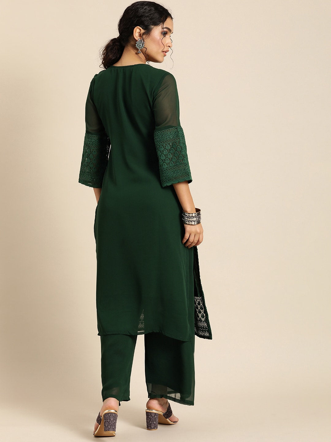 Sangria Women Green Ethnic Motifs Chikankari Kurta with Palazzos | Swadesiicart
