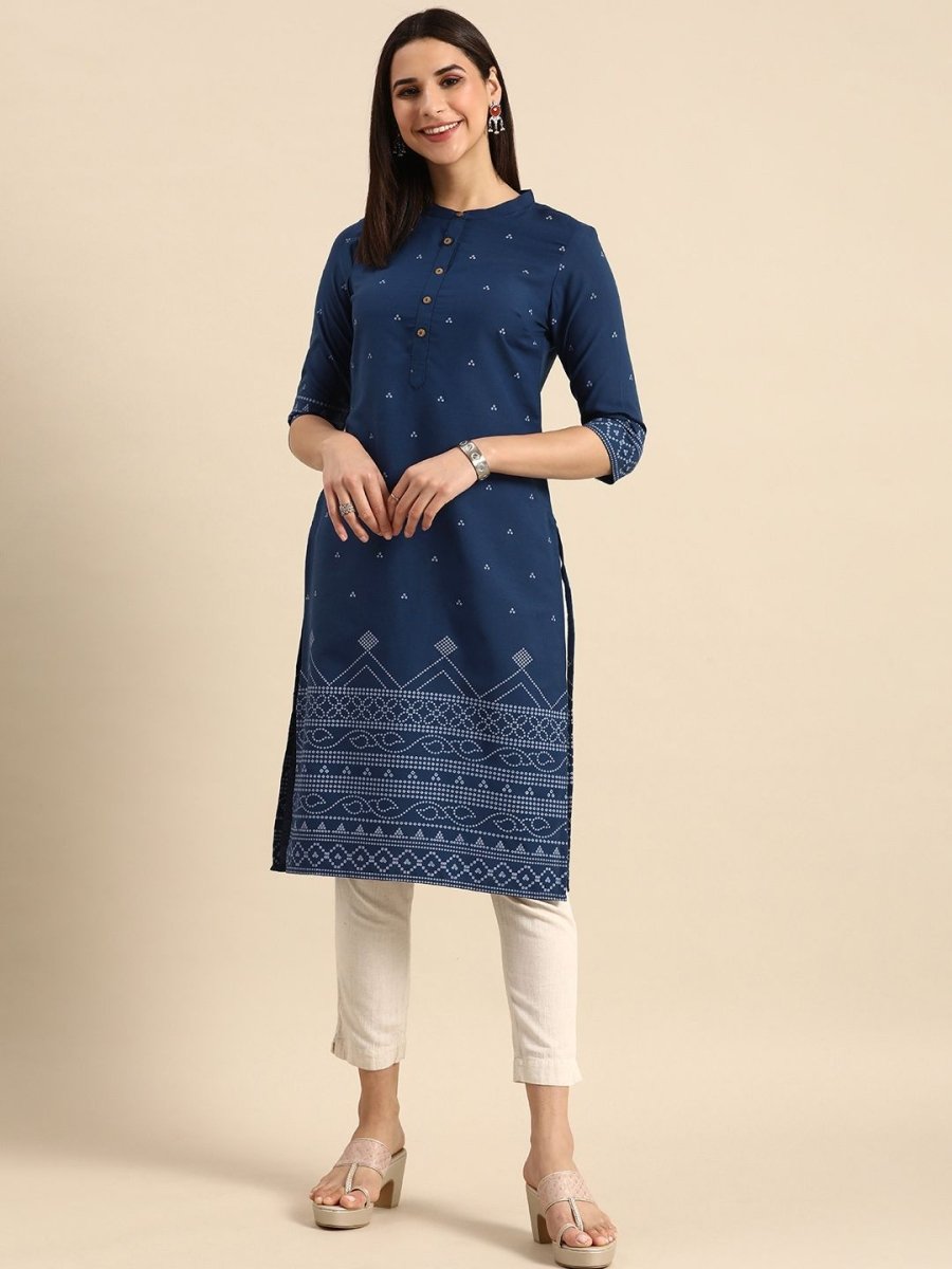 Anouk Women Mandarin Collar Bandhani Printed Indigo Kurta - Swadesiicart
