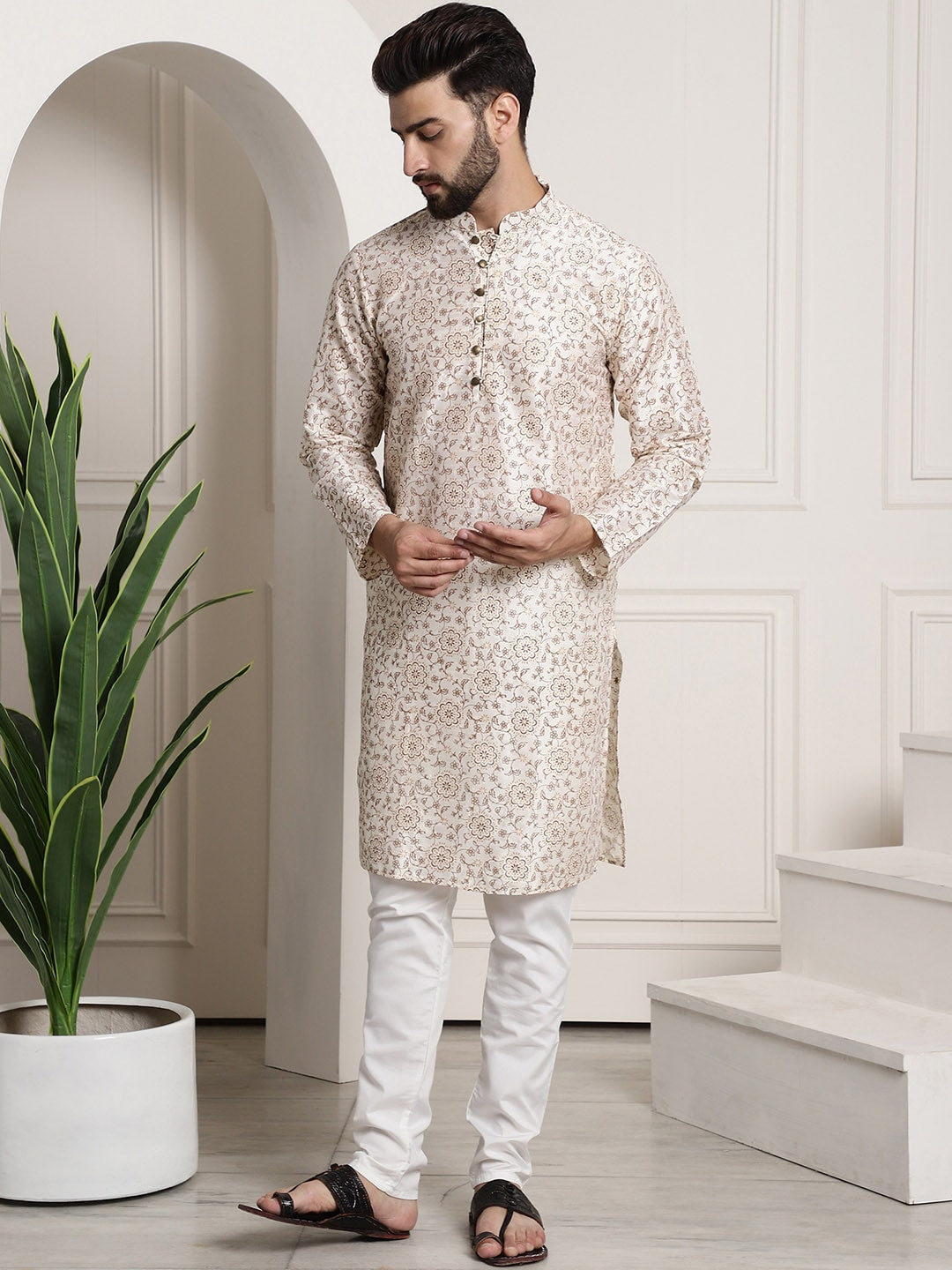 Sojanya Men Cream-Coloured & Brown Silk Cotton Printed Regular Kurta with Churidar | Swadesiicart