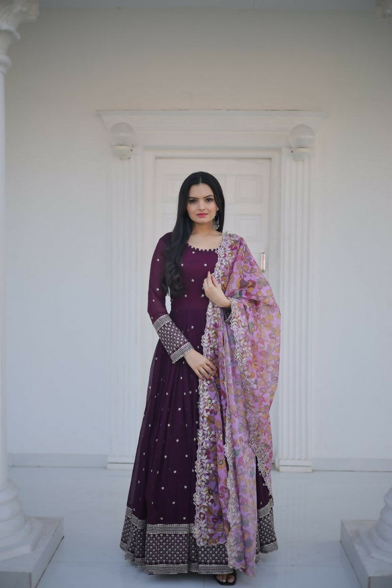 Jyoti Fashion Women's Wine Faux Blooming Sequence Zari Embroidered Anarkali Dress with Dupatta | Swadesiicart
