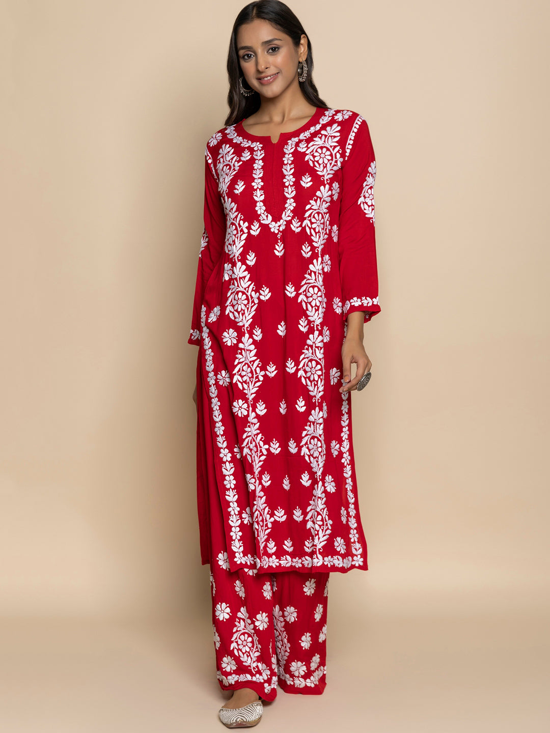 HOUSE OF KARI Floral Embroidered Chikankari Cotton A-Line Kurta | Swadesiicart